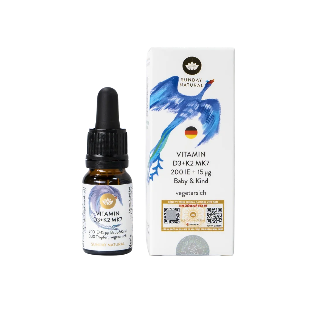 Vitamin D3 K2 MK7 hỗ trợ xương, răng cho trẻ 0-4 tuổi, thương hiệu cao cấp SUNDAY NATURALS/Đức